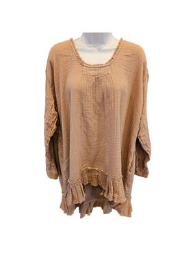 Free People Tan Gauze Frill Tunic Sweater Dress with Pockets Medium